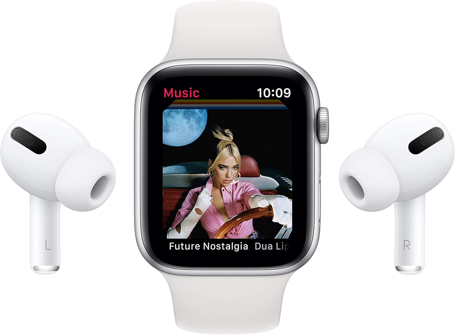 Smartwatch with music app display and wireless earbuds on a white background