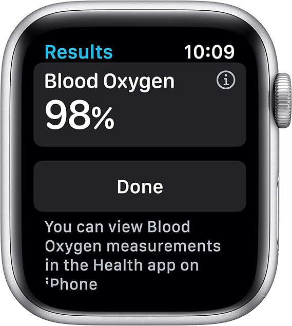 Smartwatch displaying blood oxygen measurement of 98% with a 'Done' option.