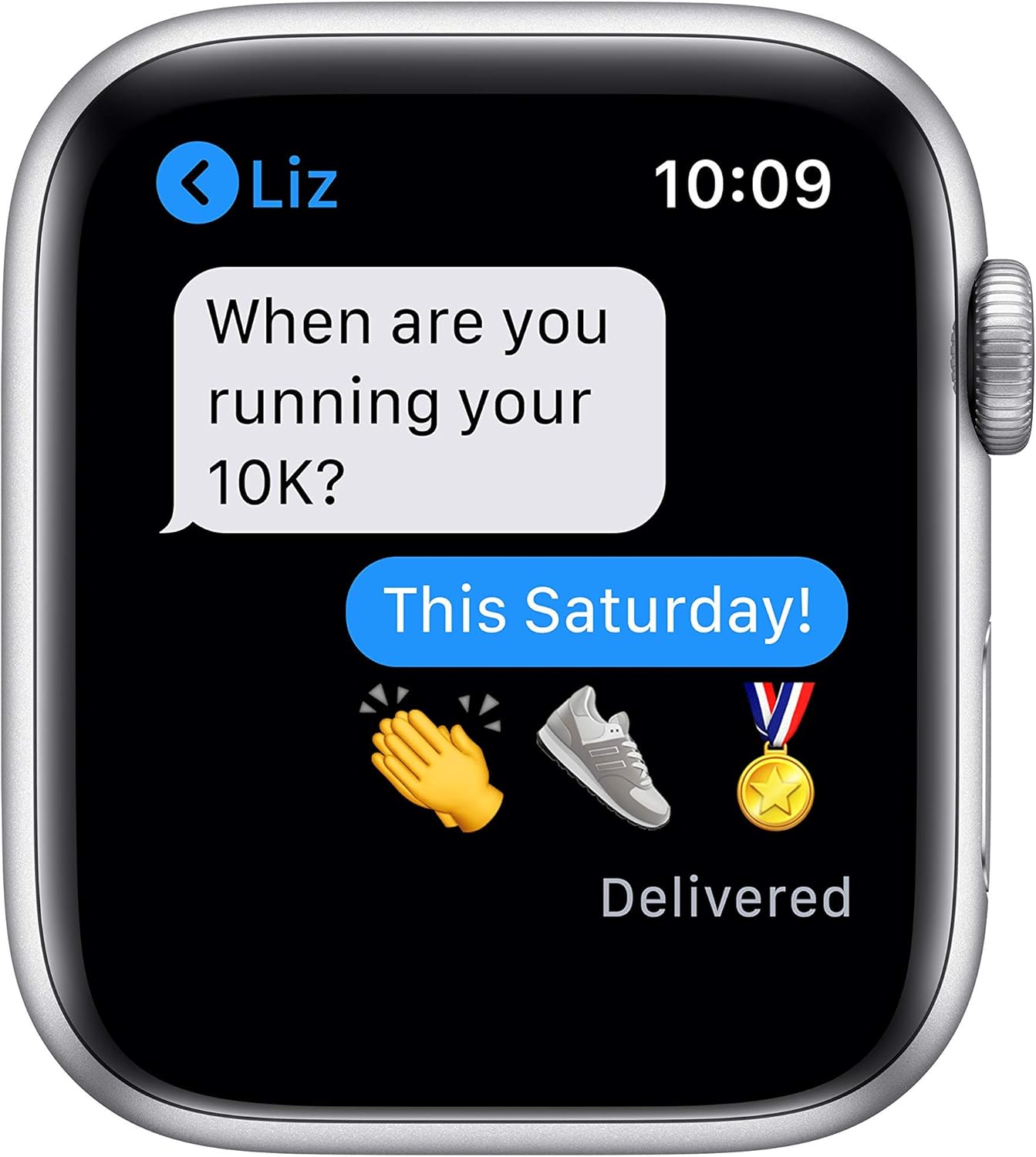 Smartwatch displaying a text message from Liz asking about a 10K run, with a response and emojis.